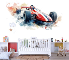 Load image into Gallery viewer, Watercolor Formula Race Car Wall Decal | Racing Car Wall Sticker | Kids Room Wall Art | Modern Car Nursery Decor | Peel And Stick
