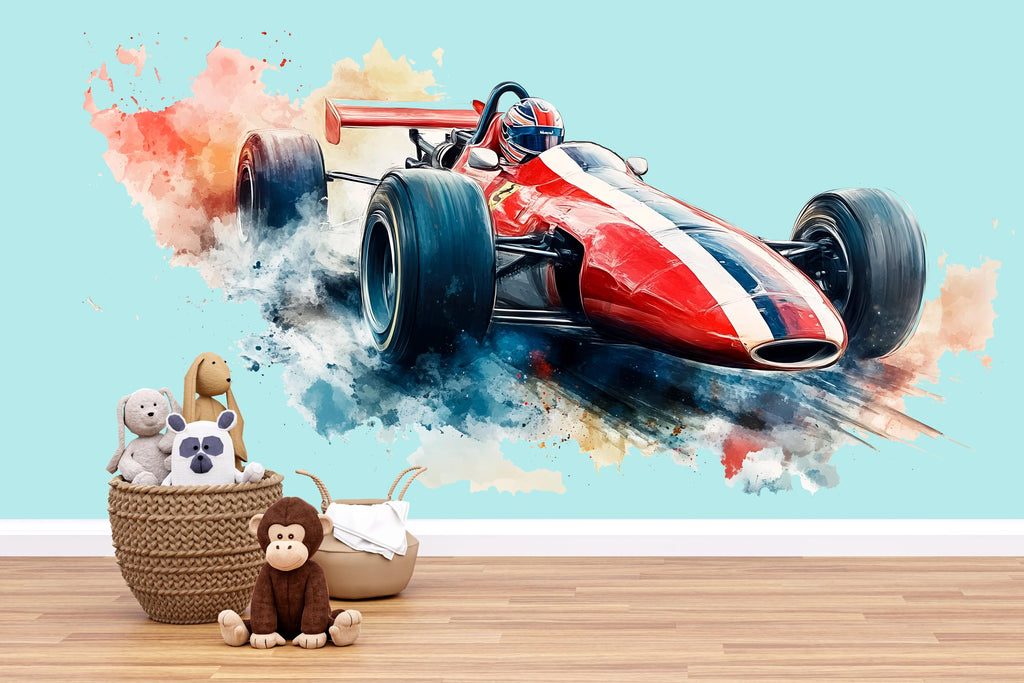 Watercolor Formula Race Car Wall Decal | Racing Car Wall Sticker | Kids Room Wall Art | Modern Car Nursery Decor | Peel And Stick