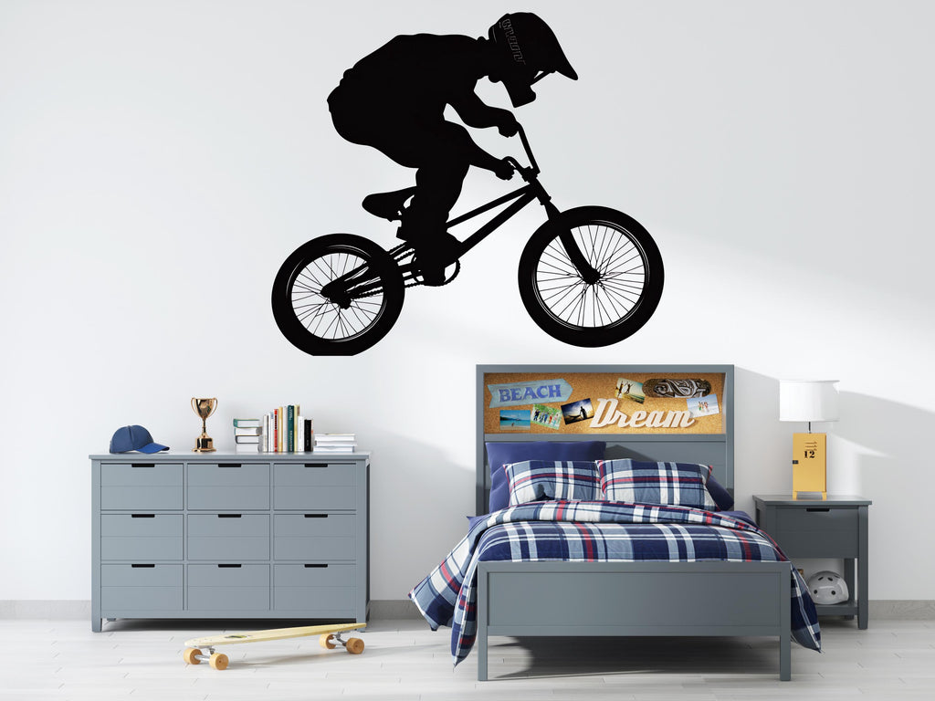 BMX Rider Wall Decal, Bicycle Silhouette Wall Sticker, Extreme Sports Kids Room Decor, Teen Boy Bedroom Wall Art, Bike Jump Wall Decal