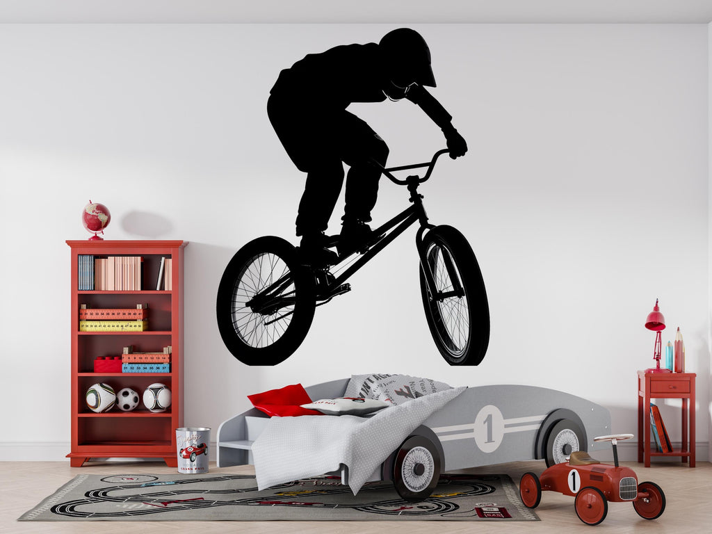 BMX Jump Wall Decal, Bicycle Rider Silhouette Wall Sticker, Kids Sports Room Decor, Boys Bedroom Wall Art, Extreme Bike Wall Decal