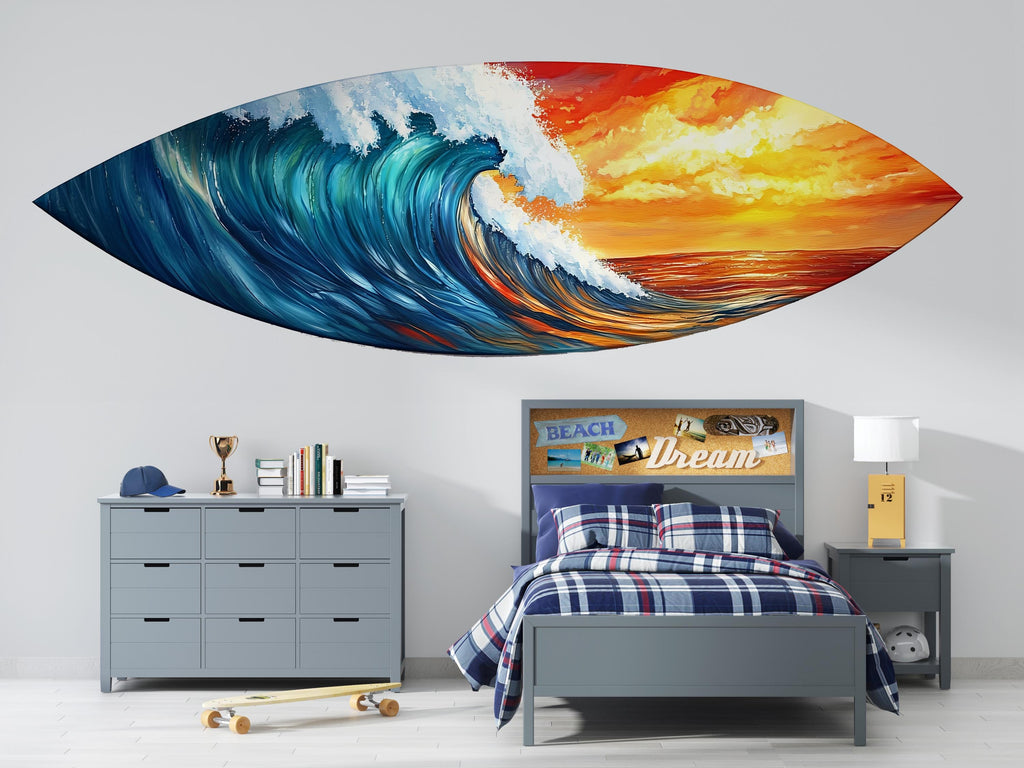 Surfboard Wave Wall Decal, Ocean Wall Sticker, Surf Art Wall Decor, Kids Bedroom Wall Art, Coastal Surfboard Wall Decal