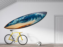 Load image into Gallery viewer, Surfboard Wave Wall Decal, Ocean Surf Wall Sticker, Surf Art Wall Decor, Kids Bedroom Wall Art, Coastal Surfboard Wall Decal