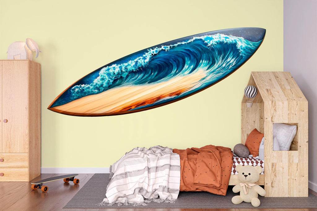 Surfboard Wave Wall Decal, Ocean Surf Wall Sticker, Surf Art Wall Decor, Kids Bedroom Wall Art, Coastal Surfboard Wall Decal