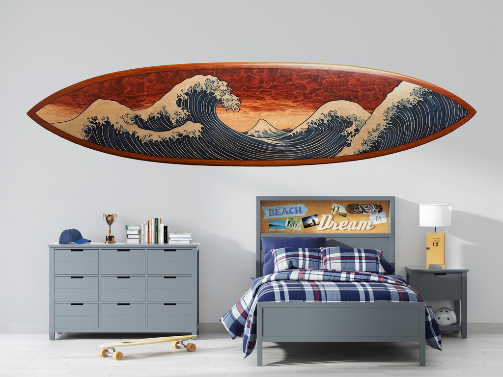 Japanese Wave Surfboard Wall Decal, Ocean Surf Wall Sticker, Beach Bedroom Wall Art, Surf Decor for Teen Room, Coastal Wall Decal