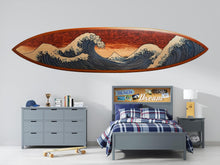 Load image into Gallery viewer, Japanese Wave Surfboard Wall Decal, Ocean Surf Wall Sticker, Beach Bedroom Wall Art, Surf Decor for Teen Room, Coastal Wall Decal