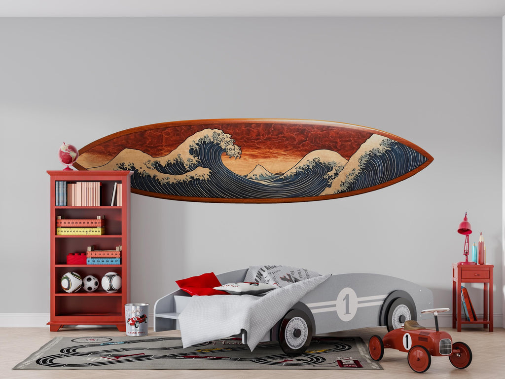 Japanese Wave Surfboard Wall Decal, Ocean Surf Wall Sticker, Beach Bedroom Wall Art, Surf Decor for Teen Room, Coastal Wall Decal