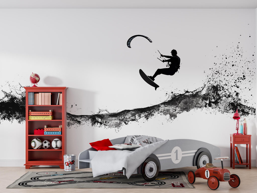 Kitesurf Wall Decal, Kiteboarding Wall Sticker, Extreme Water Sports Wall Art, Teen Boy Room Decor, Ocean Action Wall Decal