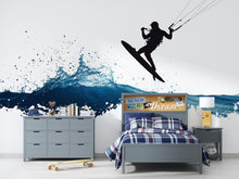 Load image into Gallery viewer, Kitesurf Wall Decal With Ocean Splash, Kiteboarding Wall Sticker, Extreme Water Sports Wall Art, Teen Boy Room Decor