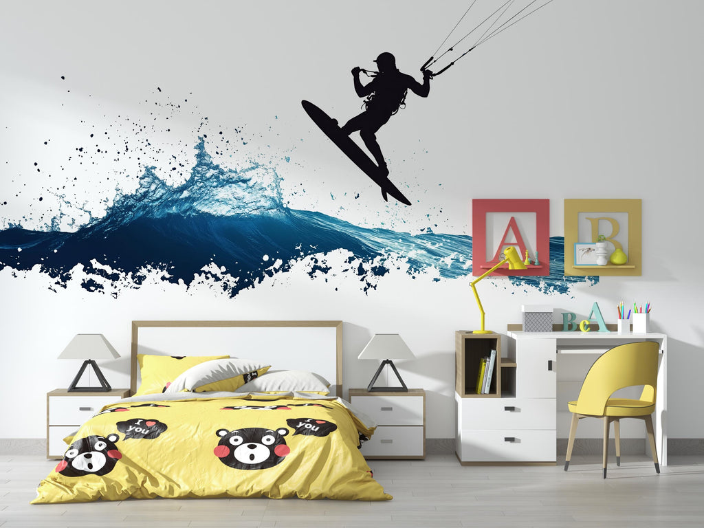 Kitesurf Wall Decal With Ocean Splash, Kiteboarding Wall Sticker, Extreme Water Sports Wall Art, Teen Boy Room Decor