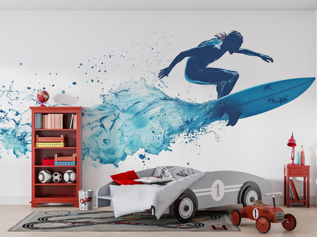 Surfing Wall Decal Sticker | Ocean Sports Wall Art | Peel And Stick Wall Decal For Boys Room Teen Bedroom Surf Decor Modern Coastal Interior