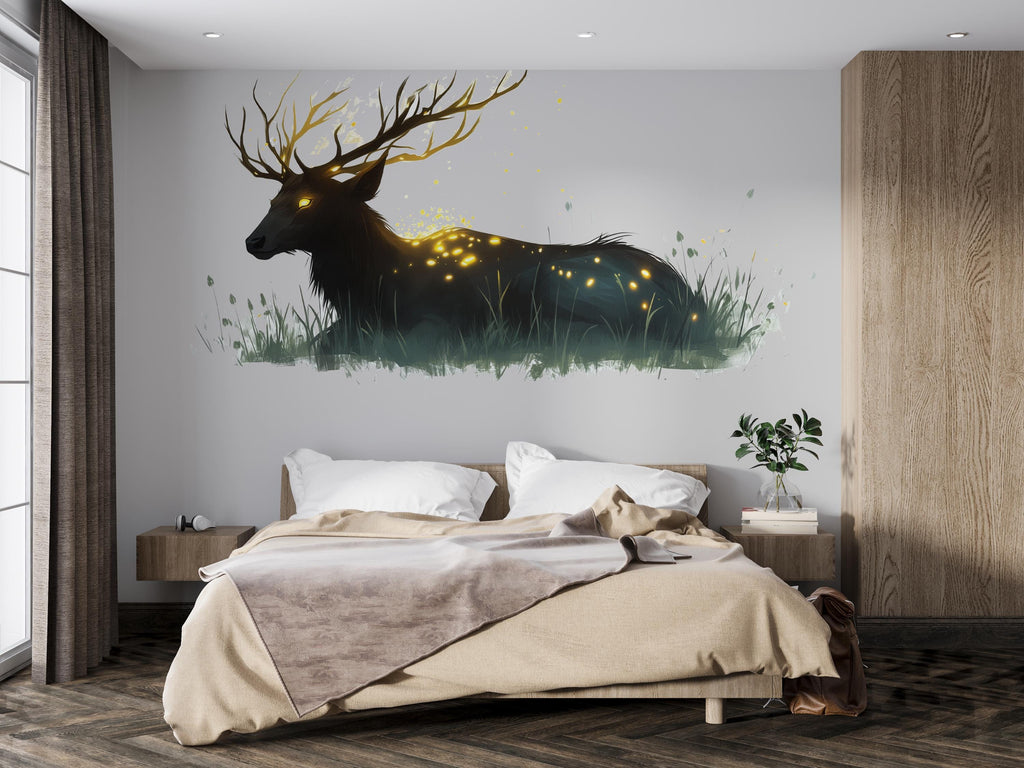 Mystical Stag Wall Decal Glowing Deer Sticker Fantasy Forest Wall Art For Bedroom Living Room Office Woodland Decor