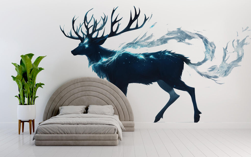 Ethereal Spirit Stag Wall Decal Glowing Blue Deer Sticker Fantasy Forest Wall Art For Bedroom Living Room Office Mystical Decor
