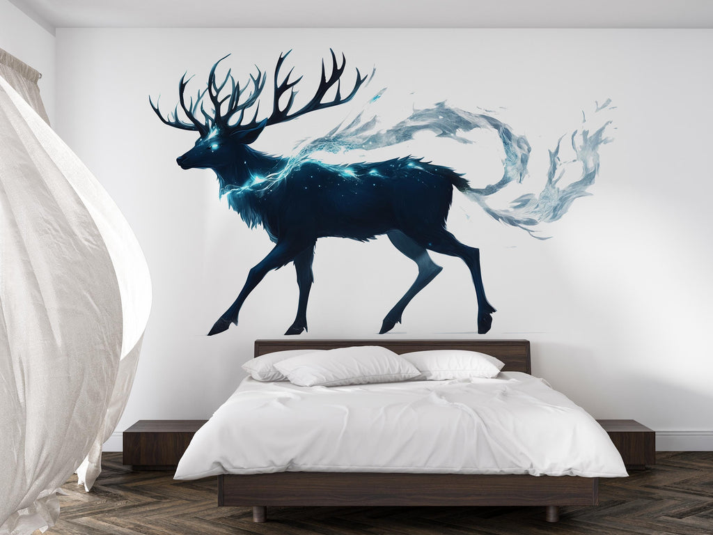 Ethereal Spirit Stag Wall Decal Glowing Blue Deer Sticker Fantasy Forest Wall Art For Bedroom Living Room Office Mystical Decor