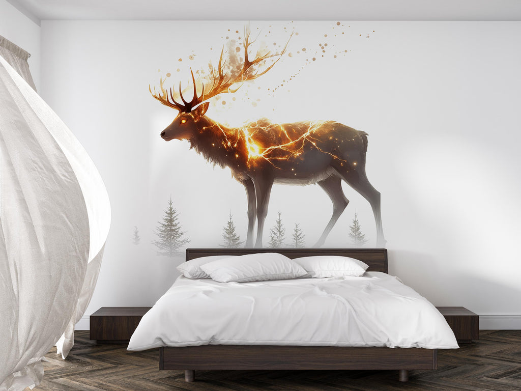 Golden Lightning Stag Wall Decal Glowing Deer Sticker Fantasy Forest Wall Art For Bedroom Living Room Woodland Decor