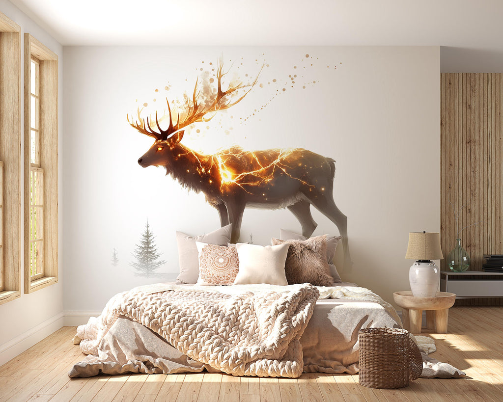 Golden Lightning Stag Wall Decal Glowing Deer Sticker Fantasy Forest Wall Art For Bedroom Living Room Woodland Decor