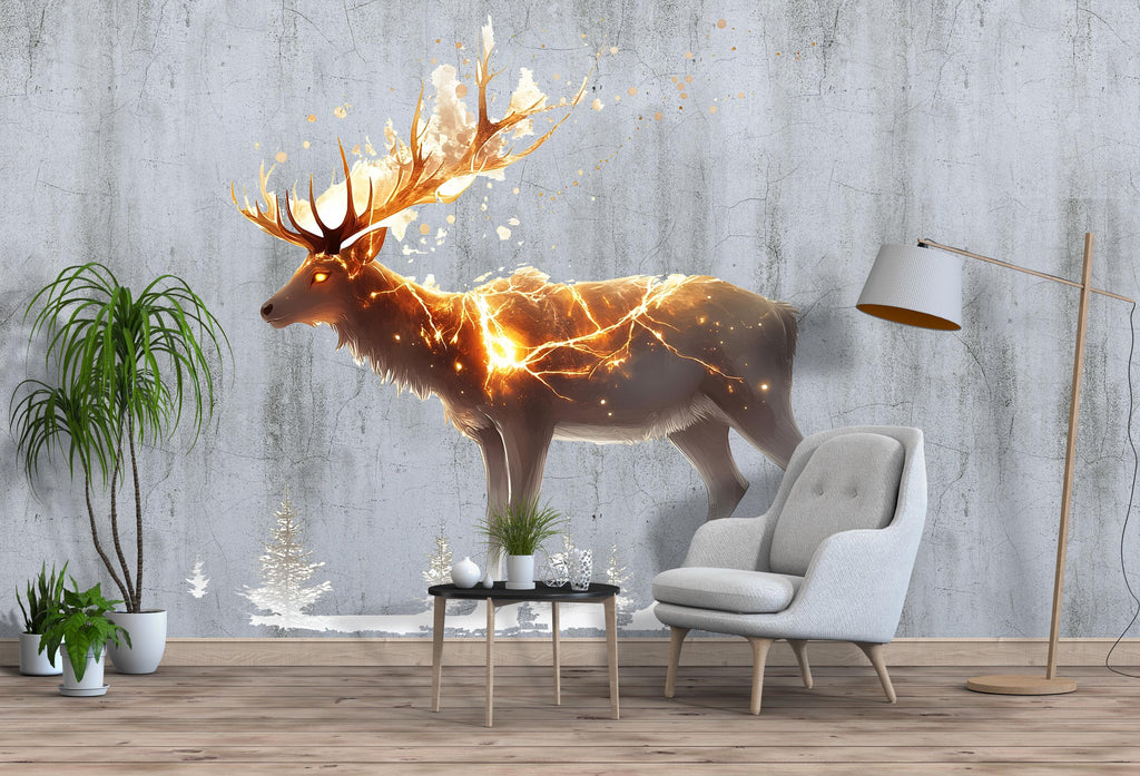 Golden Lightning Stag Wall Decal Glowing Deer Sticker Fantasy Forest Wall Art For Bedroom Living Room Woodland Decor