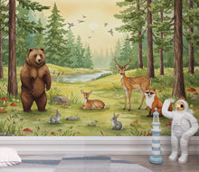 Load image into Gallery viewer, Whimsical Woodland Forest Animals Watercolor Wallpaper – Forest Scene with Bear, Deer, Fox &amp; Friends, Dreamy Children’s Room Wall Art 299DE