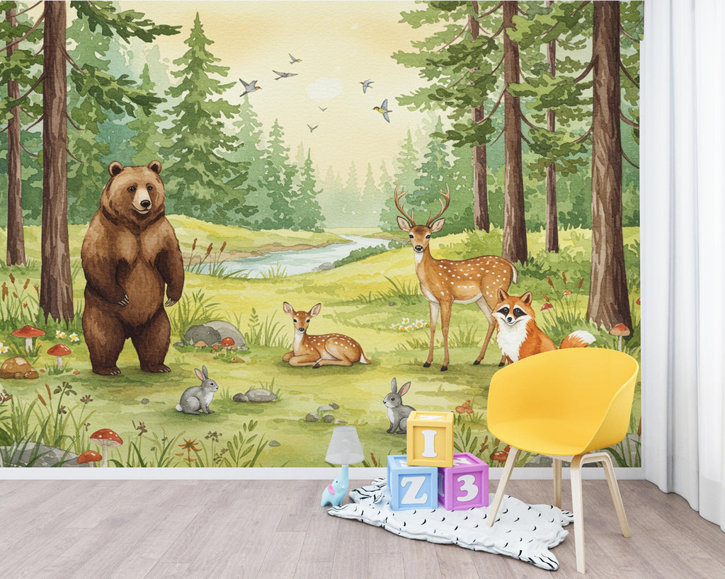 Whimsical Woodland Forest Animals Watercolor Wallpaper – Forest Scene with Bear, Deer, Fox & Friends, Dreamy Children’s Room Wall Art 299DE
