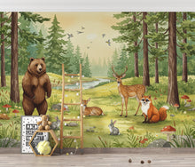 Load image into Gallery viewer, Whimsical Woodland Forest Animals Watercolor Wallpaper – Forest Scene with Bear, Deer, Fox &amp; Friends, Dreamy Children’s Room Wall Art 299DE
