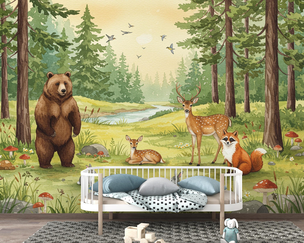 Whimsical Woodland Forest Animals Watercolor Wallpaper – Forest Scene with Bear, Deer, Fox & Friends, Dreamy Children’s Room Wall Art 299DE