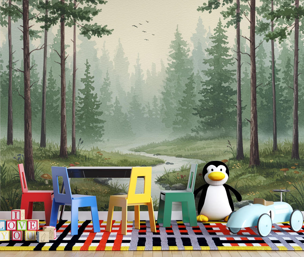 Serene Evergreen Forest Watercolor wallpaper – Dreamy Forest Woodland Landscape, Misty Pines & Stream, Nature Wall Art