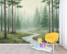 Load image into Gallery viewer, Serene Evergreen Forest Watercolor wallpaper – Dreamy Forest Woodland Landscape, Misty Pines &amp; Stream, Nature Wall Art