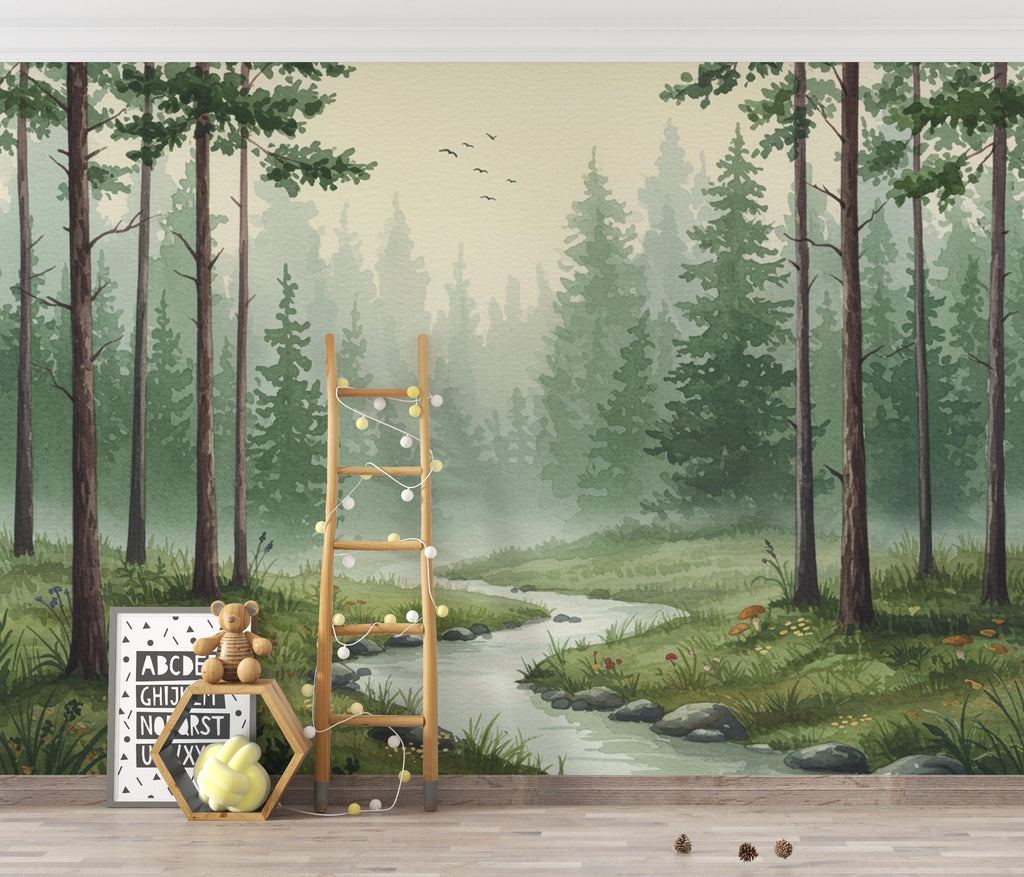 Serene Evergreen Forest Watercolor wallpaper – Dreamy Forest Woodland Landscape, Misty Pines & Stream, Nature Wall Art