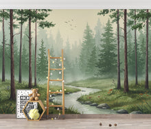 Load image into Gallery viewer, Serene Evergreen Forest Watercolor wallpaper – Dreamy Forest Woodland Landscape, Misty Pines &amp; Stream, Nature Wall Art