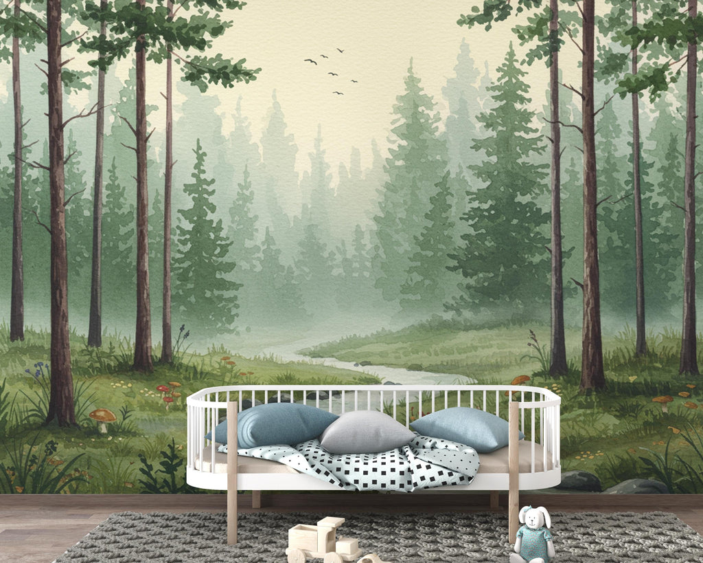 Serene Evergreen Forest Watercolor wallpaper – Dreamy Forest Woodland Landscape, Misty Pines & Stream, Nature Wall Art