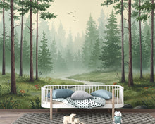 Load image into Gallery viewer, Serene Evergreen Forest Watercolor wallpaper – Dreamy Forest Woodland Landscape, Misty Pines &amp; Stream, Nature Wall Art