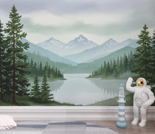 Load image into Gallery viewer, Serene Mountain Lake Watercolor Wallpaper – Misty Evergreen Forest &amp; Snow-Capped Peaks, Dreamy Storybook Landscape Art