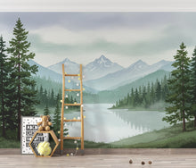 Load image into Gallery viewer, Serene Mountain Lake Watercolor Wallpaper – Misty Evergreen Forest &amp; Snow-Capped Peaks, Dreamy Storybook Landscape Art