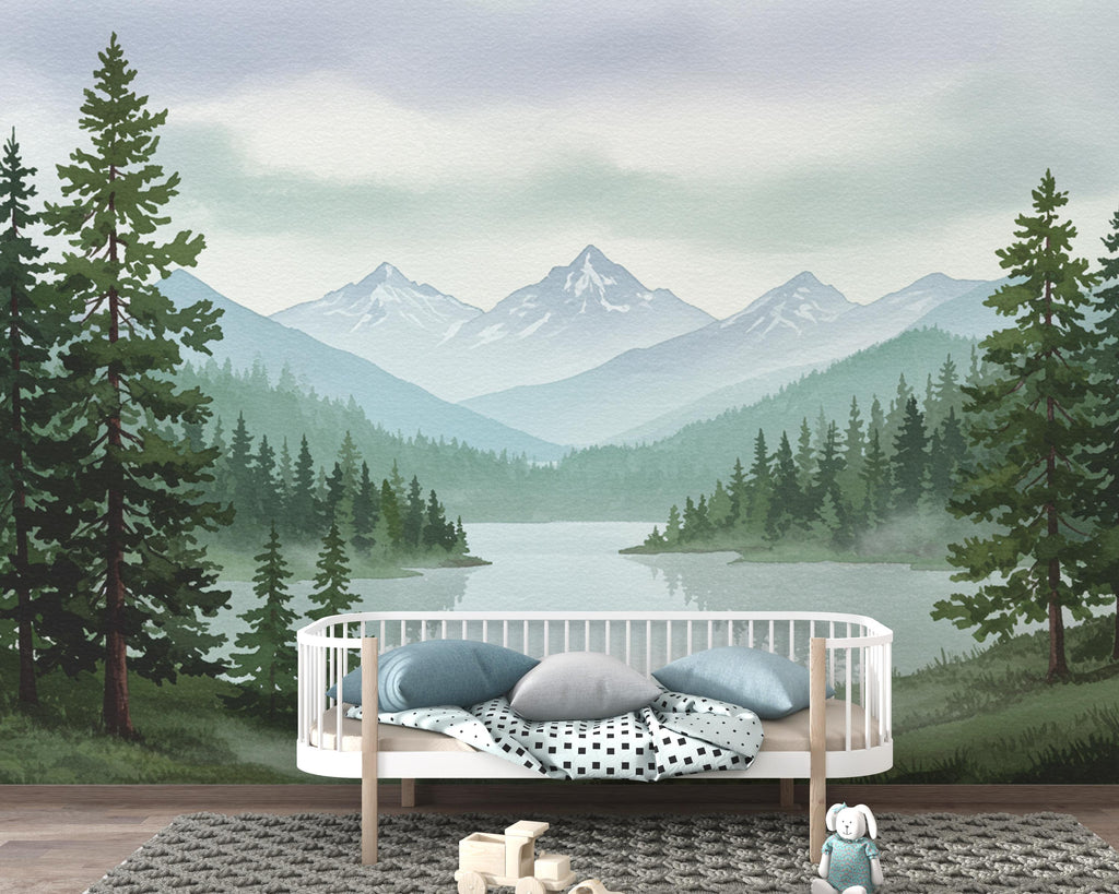 Serene Mountain Lake Watercolor Wallpaper – Misty Evergreen Forest & Snow-Capped Peaks, Dreamy Storybook Landscape Art