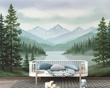 Load image into Gallery viewer, Serene Mountain Lake Watercolor Wallpaper – Misty Evergreen Forest &amp; Snow-Capped Peaks, Dreamy Storybook Landscape Art