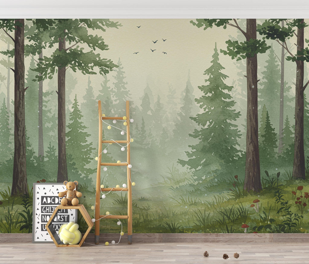 Serene Evergreen Forest Watercolor wallpaper – Dreamy Forest Woodland Landscape, Misty Pines & Stream, Nature Wall Art