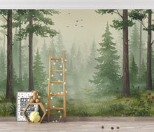 Load image into Gallery viewer, Serene Evergreen Forest Watercolor wallpaper – Dreamy Forest Woodland Landscape, Misty Pines &amp; Stream, Nature Wall Art