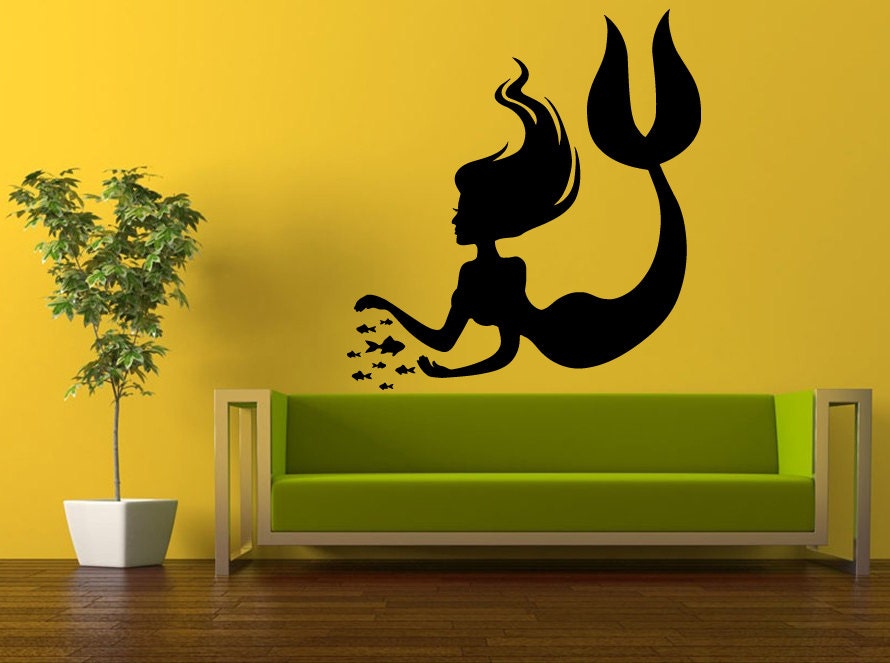 Wall Decal Vinyl Sticker Decals Interior Decor DIY Free Shipping Sea Ocean Beautiful Girl Mermaid With Little Fish L531