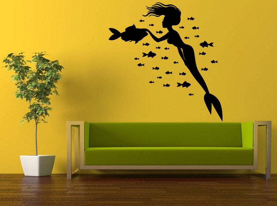 Wall Decal Vinyl Sticker Decals Interior Decor DIY Free Shipping Sea Ocean Beautiful Girl Mermaid Petting The Fish L533