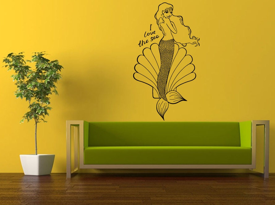 Wall Decal Vinyl Sticker Decals Interior Decor DIY Free Shipping I Love The Sea Words Phrase Sea Shell Beautiful Girl Mermaid L529