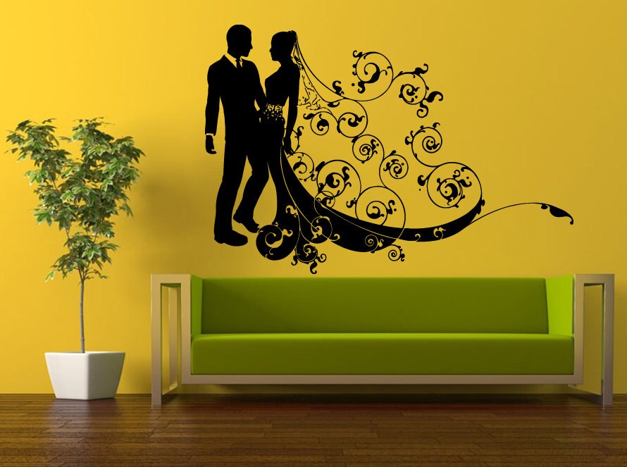Wall Decal Vinyl Sticker Decals Interior Decor DIY Free Shipping Man Woman Newlyweds Wedding Groom Bride Flower Floral Dress L536