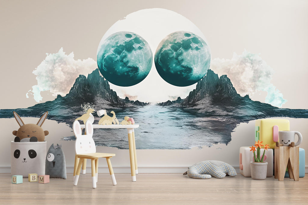 Twin Moon Landscape Wall Decal Sticker | Surreal Nursery Wall Art | Peel And Stick Wall Decal For Baby Room Kids Bedroom Modern Decor