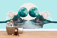 Load image into Gallery viewer, Twin Moon Landscape Wall Decal Sticker | Surreal Nursery Wall Art | Peel And Stick Wall Decal For Baby Room Kids Bedroom Modern Decor