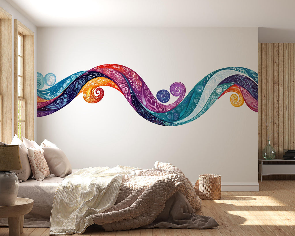 Abstract Wave Wall Decal Sticker | Colorful Modern Wall Art | Peel And Stick Wall Decal For Bedroom Living Room Statement Decor