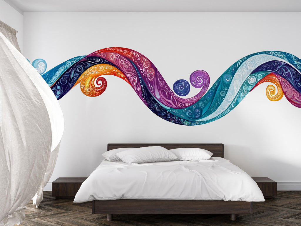 Abstract Wave Wall Decal Sticker | Colorful Modern Wall Art | Peel And Stick Wall Decal For Bedroom Living Room Statement Decor