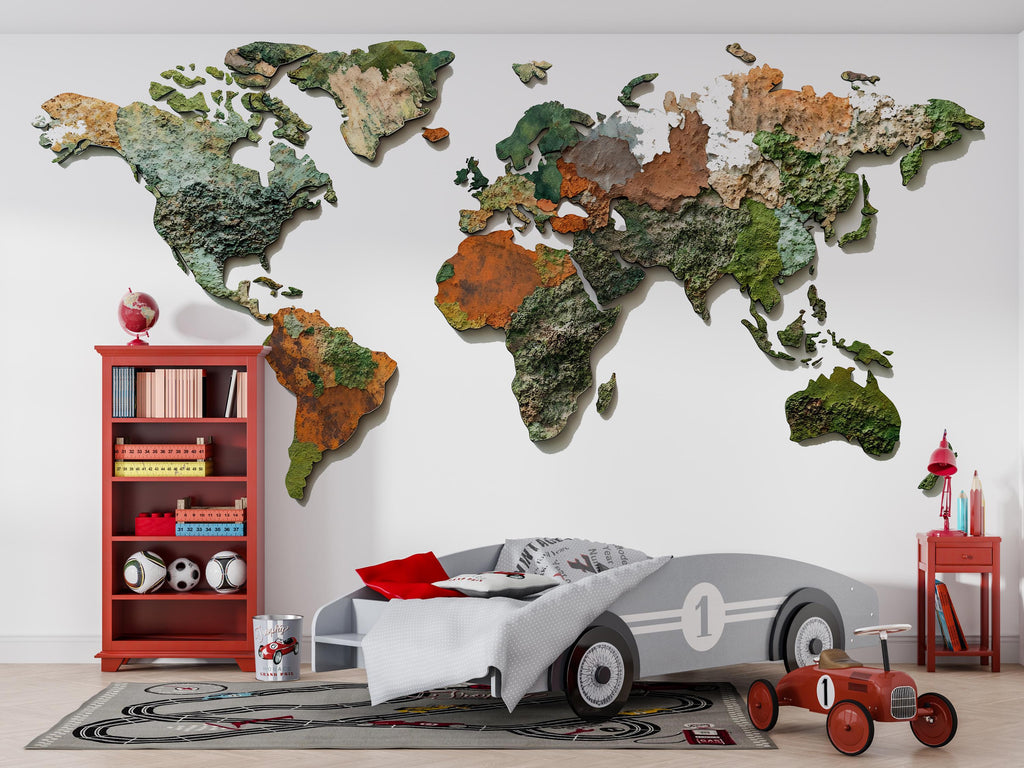 World Map Wall Decal Sticker | Textured Earth Map Wall Art | Peel And Stick Educational Wall Decal For Kids Nursery Playroom