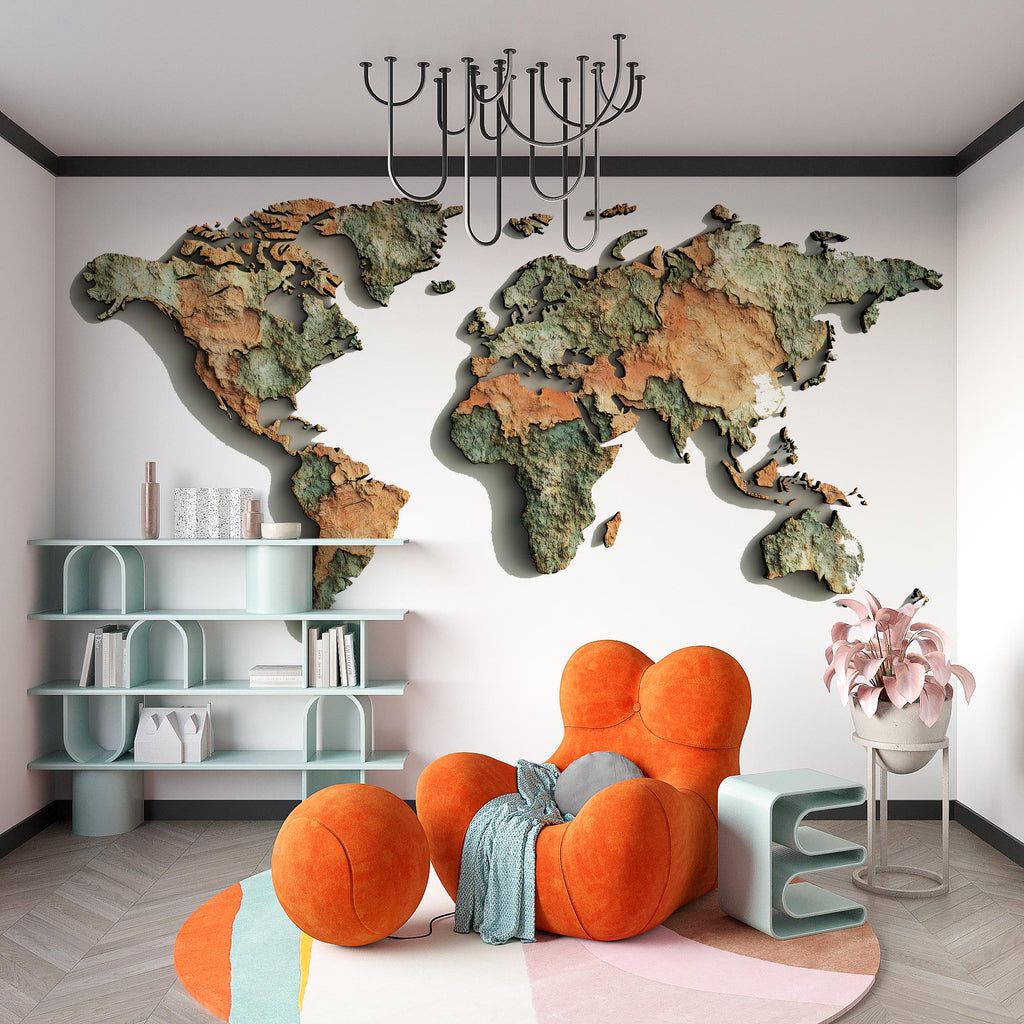 Textured World Map Wall Decal Sticker | Vintage Earth Map Wall Art | Peel And Stick World Map Decor For Kids Room Bedroom