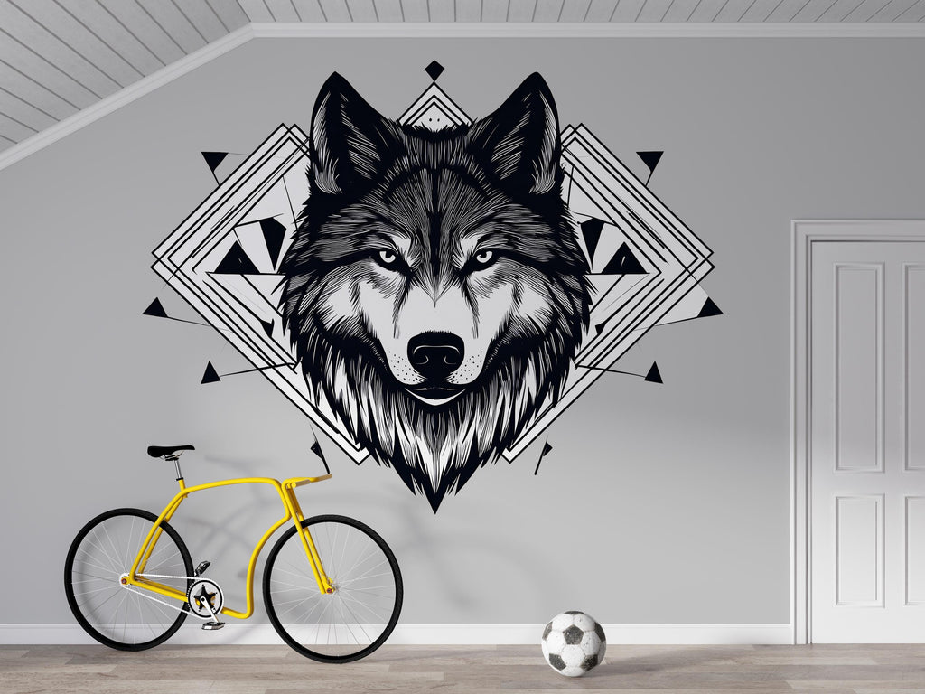 Geometric Wolf Wall Decal Wolf Head Sticker Modern Tribal Wolf Wall Art Peel And Stick Wolf Decor Bedroom Office Living Room