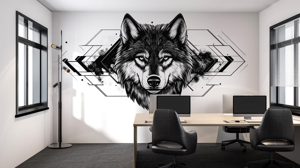 Geometric Wolf Wall Decal Modern Wolf Head Sticker Office Wall Art Black White Wolf Decor Peel And Stick Wall Decal