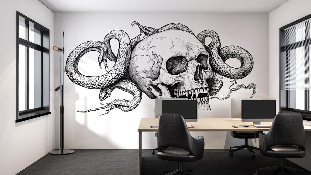 Skull And Snake Wall Decal Gothic Skull Wall Art Serpent Skull Sticker Dark Office Decor Peel And Stick Wall Decal