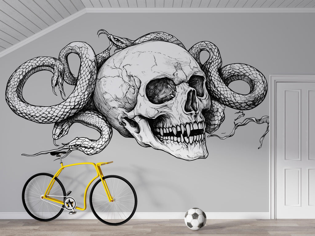 Skull And Snake Wall Decal Gothic Skull Wall Art Serpent Skull Sticker Dark Office Decor Peel And Stick Wall Decal